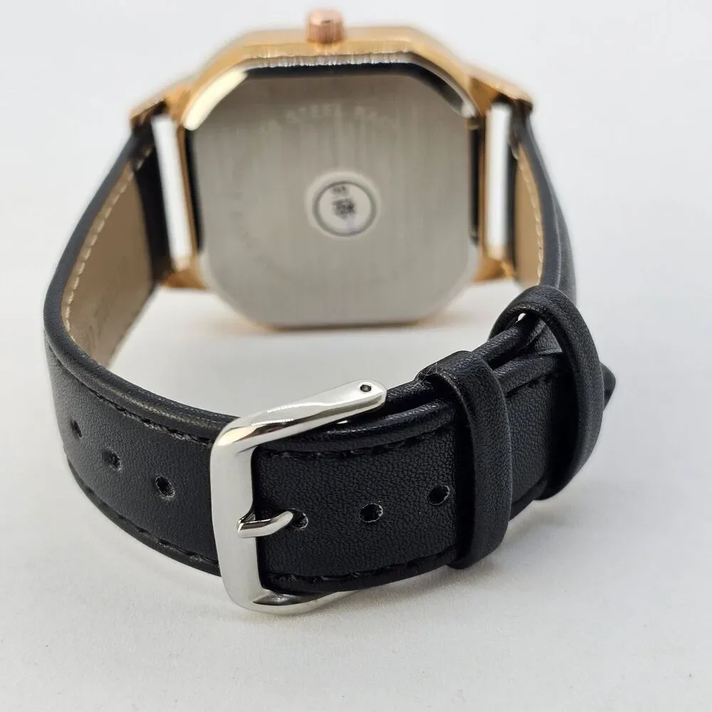 Men's Watch 42MM Black Dial‎ Gold Case Black Leather Band Straps Date Indicator